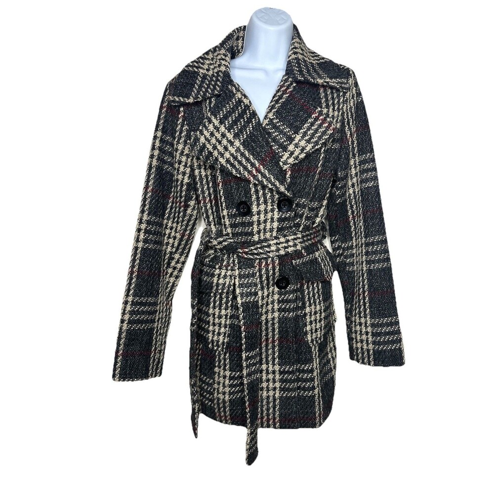 Paris Blues NWT Plaid Wool Blend Long Jacket Button Coat Dark Gray Sz L NEW